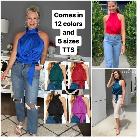 NWT Kirundo Sky Blue Satin Silk Crop Halter Sleeveless Tie Blouse Top Shirt M - Picture 6 of 11